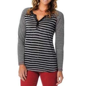 Prana Zoe Long Sleeve Henley Top Black & Gray Stripes Size Small